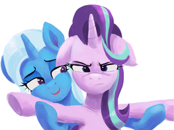 Size: 1004x753 | Tagged: safe, artist:grissaecrim, starlight glimmer, trixie, pony, unicorn, all bottled up, g4, annoyed, colored pupils, female, floppy ears, grin, lesbian, mare, ship:startrix, shipping, simple background, smiling, trixie's puppeteering, unamused, white background