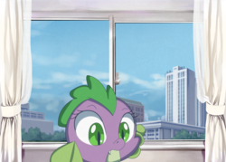 Size: 6202x4430 | Tagged: safe, artist:chiptunebrony, spike, dragon, g4, absurd resolution, anime, barb, city, curtains, fake screencap, looking down, room, rule 63, scenery, skyscraper