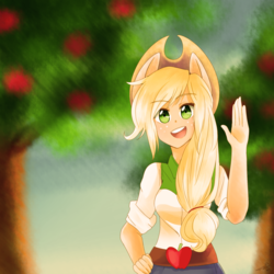 Size: 1024x1024 | Tagged: safe, artist:chokico, applejack, equestria girls, g4, apple, apple tree, female, food, looking at you, ponied up, solo, tree, waving, welcome