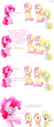 Size: 1432x3300 | Tagged: safe, artist:tctwig, fluttershy, pinkie pie, posey, surprise, pony, g1, g4, :3, :d, :t, cheering, fluttershy is not amused, g1 to g4, generation leap, generational ponidox, posey is not amused, pun, sitting, tongue out, unamused