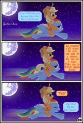 Size: 3254x4837 | Tagged: safe, artist:gutovi, applejack, rainbow dash, pony, comic:why me!?, g4, applejack riding rainbow dash, comic, flying, high res, mare in the moon, moon, night, ponies riding ponies, riding