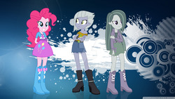 Size: 1600x900 | Tagged: safe, artist:revelan13, artist:sketchmcreations, artist:xebck, edit, limestone pie, marble pie, pinkie pie, equestria girls, g4, balloon, boots, clothes, crossed arms, cute, denim skirt, hands behind back, high heel boots, jacket, lime, shorts, skirt, spikes, wallpaper, wallpaper edit, watermark