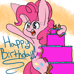 Size: 1000x1000 | Tagged: safe, artist:bennimarru, pinkie pie, g4, big ears, birthday, cake, female, food, simple background, solo