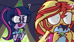 Size: 1280x720 | Tagged: safe, artist:psychodiamondstar, sci-twi, sunset shimmer, twilight sparkle, equestria girls, g4, my little pony equestria girls: legend of everfree, awkward, caught, clothes, female, glasses, lesbian, ponytail, ship:sci-twishimmer, ship:sunsetsparkle, shipping, shirt, sniffing