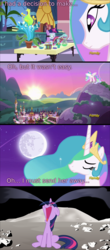 Size: 1920x4360 | Tagged: safe, artist:eagle1division, artist:mandydax, edited screencap, screencap, princess celestia, twilight sparkle, alicorn, pony, unicorn, celestial advice, g4, bad end, banished to the moon, banishment, canterlot, comic, crying, dark comedy, female, filly, filly twilight sparkle, floppy ears, goggles, high res, mare, moon, ocular gushers, open mouth, plant, sad, safety goggles, screencap comic, sitting, sunset, to the moon, unicorn twilight, volumetric mouth