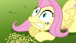 Size: 1280x720 | Tagged: safe, screencap, fluttershy, pegasus, pony, g4, magic duel, female, gritted teeth, looking up, mare, nervous, prone, solo, sweat, wide eyes