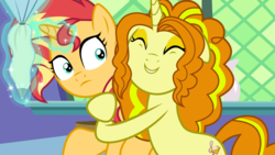 Size: 8000x4498 | Tagged: safe, artist:limedazzle, adagio dazzle, sunset shimmer, pony, unicorn, all bottled up, equestria girls, g4, absurd resolution, alternate universe, cute, equestria girls ponified, horn, hug, icing bag, magic, ponified, role reversal, unicorn adagio dazzle