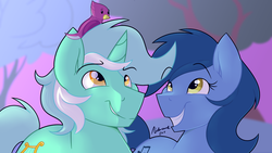 Size: 1280x720 | Tagged: safe, artist:artsyambi, blues, lyra heartstrings, noteworthy, bird, pony, g4, female, guyra, looking up, male, melodyworth, rule 63, ship:lyraworthy, shipping, smiling, straight