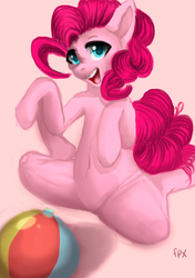 Size: 600x850 | Tagged: safe, artist:php154, pinkie pie, pony, g4, anatomically incorrect, ball, featureless crotch, female, incorrect leg anatomy, simple background, smiling, solo