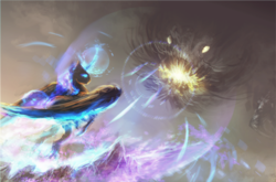 Size: 1454x962 | Tagged: safe, artist:elkaart, princess luna, g4, epic, female, fight, flying, glowing eyes, magic, monster, solo