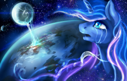 Size: 1665x1059 | Tagged: safe, artist:elkaart, princess luna, pony, banishment, crying, earth, female, mare in the moon, moon, saturn, solo, space, stars