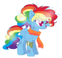 Size: 452x426 | Tagged: safe, artist:wishing-well-artist, rainbow dash, pony, g4, alternate hairstyle, bandaid, bandaid on nose, base used, clothes, female, folded wings, looking at something, no pupils, open mouth, scar, scarf, simple background, solo, standing, transparent background