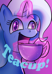 Size: 700x1000 | Tagged: safe, artist:chrisgotjar, trixie, pony, all bottled up, g4, bust, cup, derp, female, happy, levitation, magic, silly, silly pony, smiling, solo, teacup, telekinesis, that pony sure does love teacups