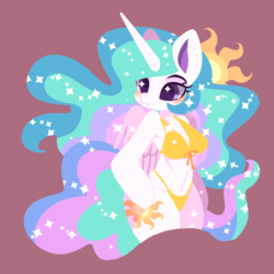 Size: 1858x1858 | Tagged: safe, artist:snow angel, princess celestia, alicorn, anthro, semi-anthro, unguligrade anthro, adorasexy, arm hooves, bikini, blushing, breasts, busty princess celestia, clothes, colored pupils, cute, cutelestia, cutie mark, ethereal mane, ethereal tail, female, flowing mane, flowing tail, frown, hind legs, hoof on hip, legs together, mare, missing accessory, multicolored mane, multicolored tail, praise the sun, purple eyes, royalty, sexy, simple background, solo, sparkles, starry eyes, stupid sexy celestia, sun, swimsuit, wingding eyes, wings