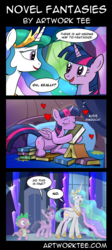 Size: 2792x6232 | Tagged: safe, artist:drawponies, artist:ecartoonman, princess celestia, spike, twilight sparkle, alicorn, dragon, pony, celestial advice, g4, absurd resolution, bibliophile, book, cargo ship, comic, dialogue, eyes closed, female, heart, kissing, meme origin, open mouth, ship:twibook, shipping, speech bubble, that pony sure does love books, there is no wrong way to fantasize, twilight sparkle (alicorn), wide eyes