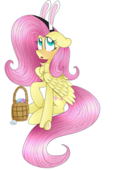 Size: 2508x3744 | Tagged: safe, artist:cosmiickatie, fluttershy, g4, basket, bunny ears, easter, easter egg, female, floppy ears, high res, looking up, open mouth, raised hoof, simple background, sitting, solo, transparent background