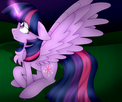 Size: 3600x3000 | Tagged: safe, artist:cosmiickatie, twilight sparkle, alicorn, pony, g4, chest fluff, female, floppy ears, glowing horn, high res, horn, looking away, looking up, raised hoof, sitting, solo, spread wings, twilight sparkle (alicorn), wings