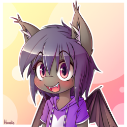 Size: 650x650 | Tagged: safe, artist:hoodie, oc, oc only, oc:night skies, bat pony, pony, semi-anthro, bust, clothes, fangs, female, heart, hoodie, mare, portrait, solo, wings
