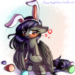 Size: 2000x2000 | Tagged: safe, artist:chaosangeldesu, oc, oc only, oc:rune riddle, pegasus, pony, blushing, bunny ears, female, high res, mare, sitting, solo