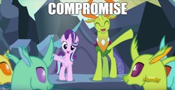 Size: 969x500 | Tagged: safe, edit, edited screencap, screencap, clypeus, cornicle, lokiax, soupling, starlight glimmer, thorax, changedling, changeling, pony, unicorn, celestial advice, g4, caption, compromise, discovery family logo, image macro, king thorax, meme