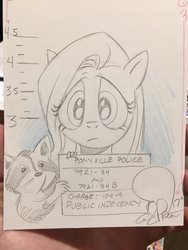 Size: 1536x2048 | Tagged: safe, artist:andy price, fluttershy, raccoon, g4, bust, hoof hold, looking at you, mugshot, pencil drawing, portrait, sign, traditional art