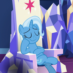 Size: 1080x1080 | Tagged: safe, screencap, trixie, pony, unicorn, all bottled up, g4, female, mare, sitting, smug, solo, throne, throne room, twilight's castle