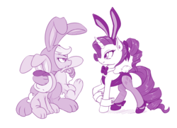 Size: 1000x725 | Tagged: safe, artist:dstears, apple bloom, applejack, rarity, sweetie belle, earth pony, pony, unicorn, g4, and then there's rarity, animal costume, applejack is not amused, bunny costume, bunny ears, bunny suit, clothes, costume, covering, covering eyes, cufflinks, cuffs (clothes), easter, female, filly, freckles, leotard, looking at each other, misinterpretation, monochrome, pantyhose, playboy bunny, ponytail, raised hoof, raribunny, simple background, unamused