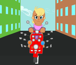 Size: 1206x1024 | Tagged: safe, artist:hakar-kerarmor, ms. harshwhinny, g4, driving, female, motorcycle, road, scooter, solo, vespa