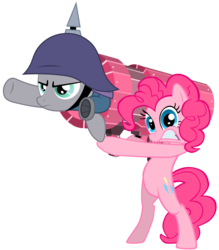 Size: 1038x1186 | Tagged: safe, artist:brony-works, artist:maximillianveers, maud pie, pinkie pie, earth pony, pony, g4, maud pie (episode), bipedal, cannon, cannon ponies, female, mare, pickelhaube, pinkie launcher, pony cannonball, rocket launcher, simple background, transparent background, vector