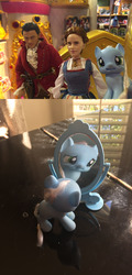 Size: 1280x2667 | Tagged: safe, beauty and the beast, belle, concerned pony, doll, gaston legume, irl, mirror, photo, toy