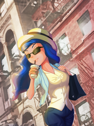 Size: 802x1080 | Tagged: safe, artist:the-park, princess luna, human, g4, clothes, coffee, female, humanized, jeans, pants, shopping bag, solo, sunglasses
