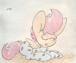 Size: 683x564 | Tagged: safe, artist:slightlyshade, scootaloo, pony, g4, clothes, drool, female, footed sleeper, pajamas, sleeping, solo, traditional art