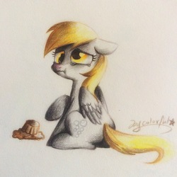 Size: 1936x1936 | Tagged: safe, artist:oofycolorful, derpy hooves, pegasus, pony, g4, crying, female, floppy ears, food, mare, muffin, muffin denial, raised hoof, sad, sitting, solo, traditional art, wavy mouth