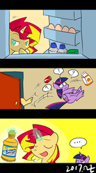 Size: 495x900 | Tagged: safe, artist:rvceric, sunset shimmer, twilight sparkle, alicorn, pony, unicorn, g4, ..., comic, door, drink, duo, egg, eyes closed, female, glowing horn, horn, kick, magic, mare, pun, refrigerator, smiling, sunny d, sunshine shimmer, twilight sparkle (alicorn)