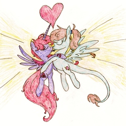 Size: 2432x2436 | Tagged: safe, artist:horselover fat, oc, oc only, alicorn, pegasus, pony, alicorn oc, female, flying, heart, high res, kissing, lesbian, shipping, traditional art