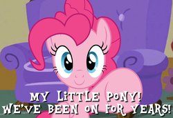 Size: 1536x1051 | Tagged: safe, pinkie pie, earth pony, pony, g4, anniversary, couch, family guy, font, male, parody, solo, title drop