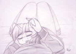 Size: 2333x1650 | Tagged: safe, artist:spirit-dude, twilight sparkle, human, pony, g4, cute, drool, ear scratch, eyes closed, female, grayscale, holding a pony, mare, monochrome, offscreen character, on back, open mouth, pov, prone, sleeping, traditional art, twiabetes