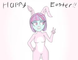 Size: 3796x2928 | Tagged: safe, artist:mildockart, sunny flare, human, equestria girls, g4, my little pony equestria girls: friendship games, animal costume, breasts, bunny costume, bunny ears, clothes, colored sketch, costume, female, frown, hand on hip, high res, looking away, peace sign, simple background, solo, sunny flare is not amused, text, unamused, white background