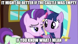 Size: 891x499 | Tagged: safe, edit, edited screencap, screencap, starlight glimmer, twilight sparkle, alicorn, pony, all bottled up, g4, caption, discovery family logo, duo, if you know what i mean, image macro, lidded eyes, meme, out of context, recontextualized, shipping fuel, twilight sparkle (alicorn)