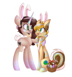 Size: 2593x2754 | Tagged: safe, artist:umiimou, oc, oc only, earth pony, pony, unicorn, basket, bunny ears, easter, easter basket, easter egg, female, high res, mare, simple background, sitting, transparent background