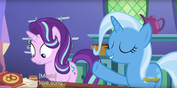 Size: 1920x960 | Tagged: safe, screencap, starlight glimmer, trixie, pony, all bottled up, g4, discovery family logo, food, implied lesbian, implied shipping, implied startrix, meme, pretzel, youtube caption