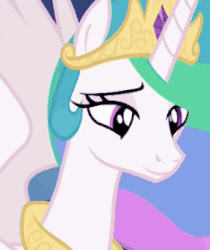 Size: 234x278 | Tagged: safe, edit, edited screencap, editor:watermelon changeling, screencap, princess celestia, alicorn, pony, celestial advice, g4, amused, animated, c:, female, gif, invisible stallion, reversed, smiling, solo, spread wings, wings
