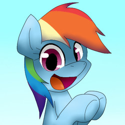 Size: 400x400 | Tagged: safe, artist:kittennee-san, rainbow dash, pegasus, pony, g4, bust, female, gradient background, happy, looking at you, mare, open mouth, open smile, portrait, raised hoof, smiling, smiling at you, solo
