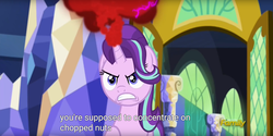 Size: 1920x960 | Tagged: safe, screencap, starlight glimmer, pony, all bottled up, g4, anger magic, angry, female, magic, meme, solo, youtube caption