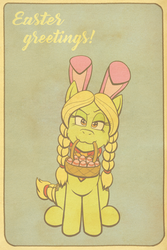 Size: 1200x1800 | Tagged: safe, artist:regularmouseboy, granny smith, g4, basket, braid, bunny ears, clothes, cutie mark, easter, easter egg, female, looking at you, retro, scarf, simple background, sitting, solo, vintage, young granny smith