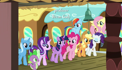 Size: 1280x738 | Tagged: safe, screencap, applejack, fluttershy, pinkie pie, rainbow dash, rarity, spike, starlight glimmer, trixie, twilight sparkle, alicorn, dragon, pony, all bottled up, g4, friendship express, twilight sparkle (alicorn)