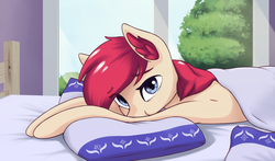 Size: 1800x1061 | Tagged: safe, artist:mrscroup, oc, oc only, oc:scroupy, earth pony, pony, bed, femboy, girly, looking at you, male, prone, puffy cheeks, solo, trap