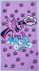 Size: 1454x2661 | Tagged: safe, twilight sparkle, alicorn, pony, g4, cute, element of magic, female, happy, merchandise, solo, stars, towel, twiabetes, twilight sparkle (alicorn)