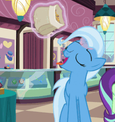 Size: 408x432 | Tagged: safe, screencap, starlight glimmer, trixie, pony, all bottled up, animated, aweeg*, cinnamon nuts, cropped, cute, diatrixes, eating, female, food, gif, glowing horn, magic, puffy cheeks, solo focus, telekinesis, tongue out