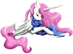 Size: 3096x2316 | Tagged: safe, artist:shadeila, princess celestia, princess luna, alicorn, pony, g4, cute, cutelestia, high res, hug, lunabetes, pink-mane celestia, prone, royal sisters, s1 luna, simple background, snuggling, transparent background